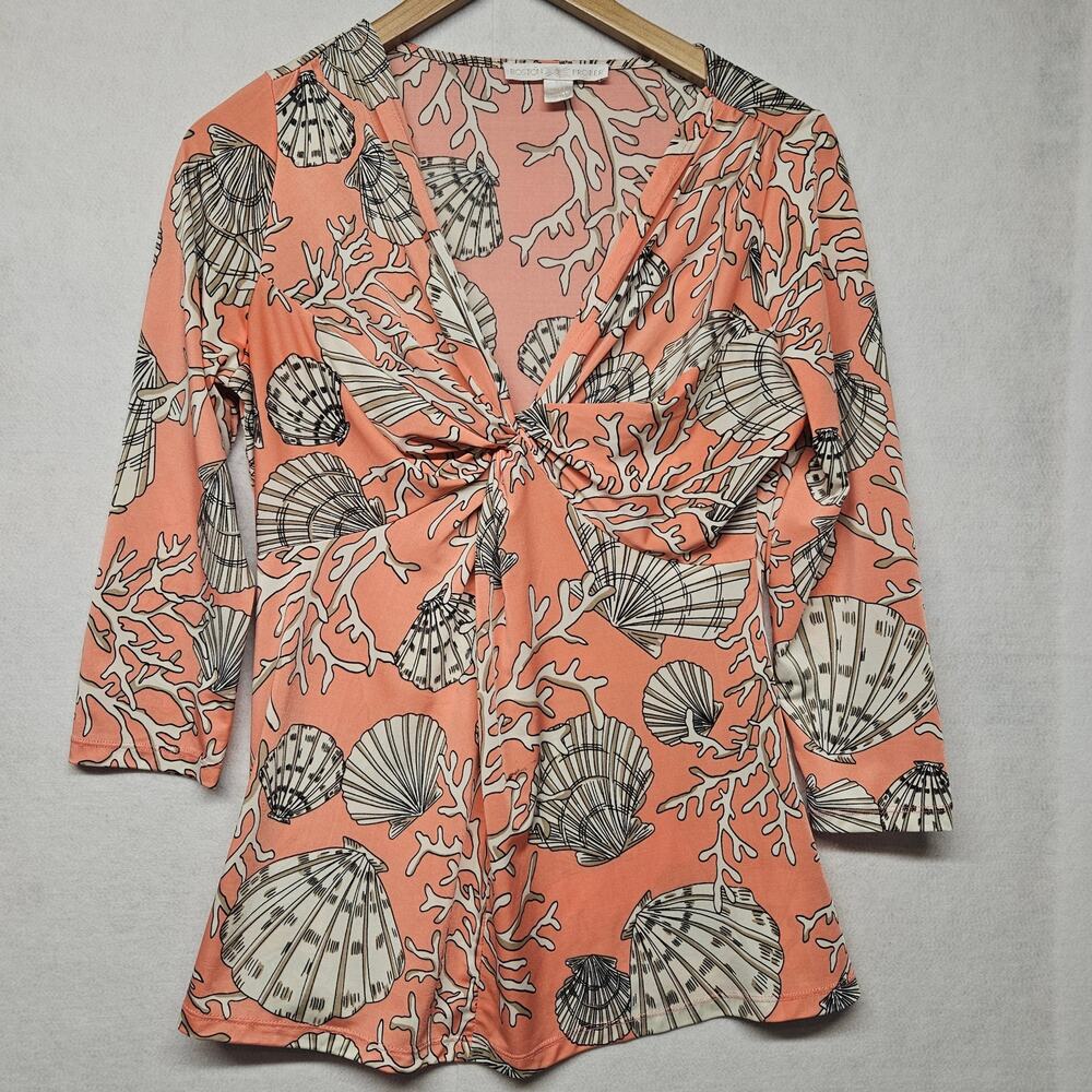 Boston Proper Coral Seashell Starfish Print Twist Front Top 3/4 Sleeve Small